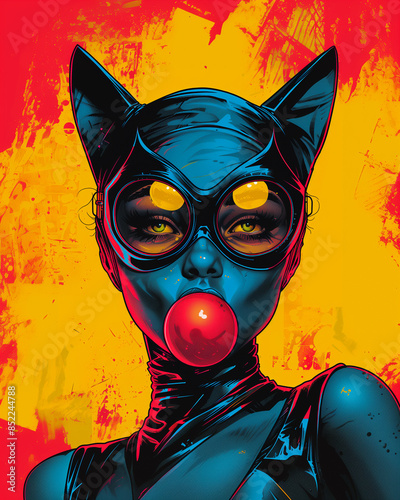 Grunge graffiti style portrait of a mischevious young woman cat burglar blowing a bubble of chewing gum. Vibrant color, distressed pop art style.
