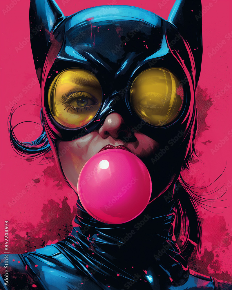 Fototapeta premium Grunge graffiti style portrait of a mischevious young woman cat burglar blowing a bubble of chewing gum. Vibrant color, distressed pop art style.