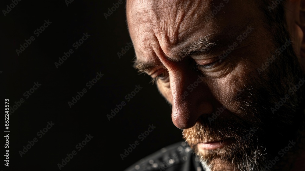 Sad man in portrait against black backdrop with room for text Sad man in portrait against black backdrop with room for text