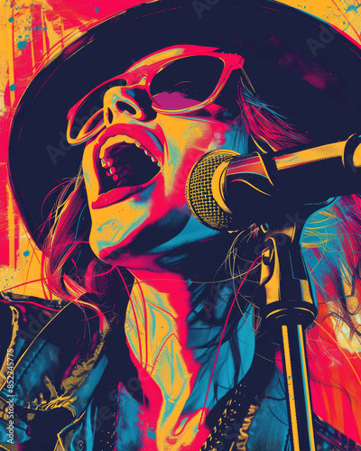 Female singer wearing a hat and sunglasses is passionately singing into a microphone
