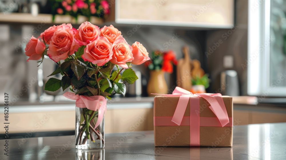 Obraz premium Vibrant roses in vase and gift box with ribbon on kitchen counter Suitable for various special occasions Background is modern kitchen with space for text