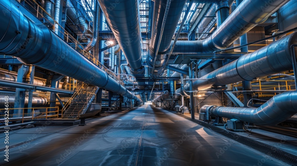 Obraz premium Industrial Interior with Complex Network of Pipes