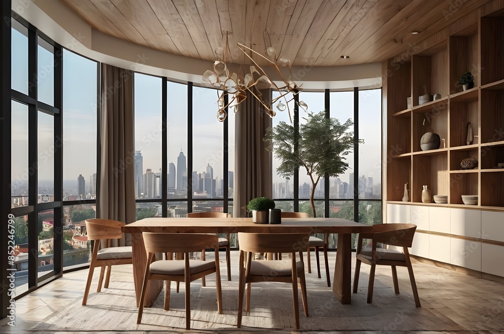Modern dining room with large empty wall on the left, wooden furniture, and wide windows overlooking a cityscape, concept of interior design. 3D Rendering. Modern dining room with large empty wall on the left, wooden furniture, and wide windows overlooking a cityscape, concept of interior design. 3D Rendering.