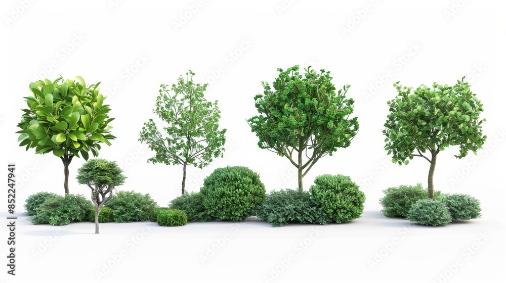 Fototapeta premium Various Trees and Bushes on White Background, Generative AI