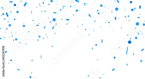 Blue confetti template. Shiny ribbons falling on background. Design template for party, celebration and birthday.	