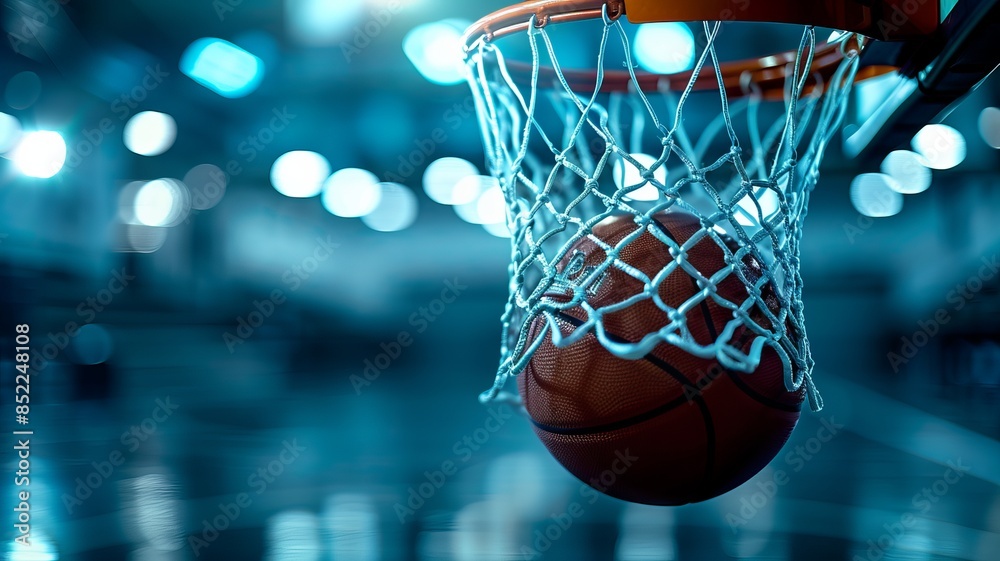 Close-up shot of a basketball going through the hoop in an indoor court, with blurred background lights creating a dynamic atmosphere. Close-up shot of a basketball going through the hoop in an indoor court, with blurred background lights creating a dynamic atmosphere.