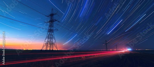 Star Trails Over Power Lines and a Country Road