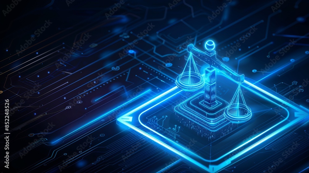 Futuristic digital justice concept with scales of justice icon on a ...