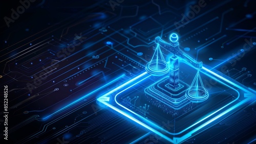 Futuristic digital justice concept with scales of justice icon on a glowing circuit board background, representing legal technology advancement. photo