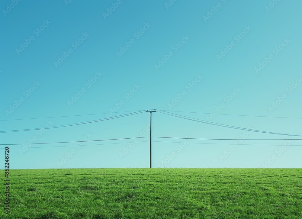 Power Lines Over Green Field Against a Blue Sky Power Lines Over Green Field Against a Blue Sky