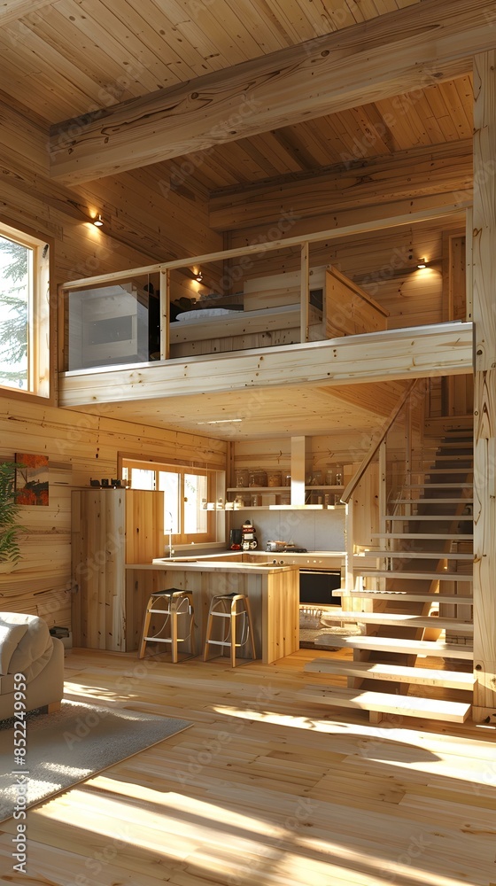 The inside of a cozy and bright wooden house The inside of a cozy and bright wooden house