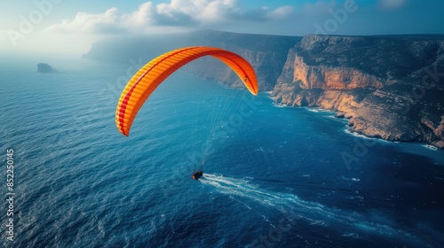 One of the paragliders flying in the blue sky with clouds in the background