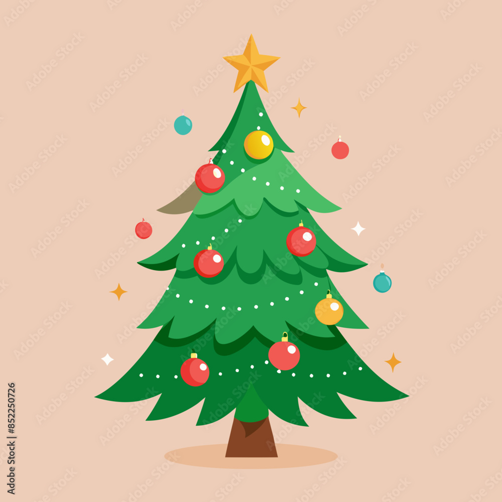 Evergreen tree decorated with lights and ornaments Evergreen tree decorated with lights and ornaments