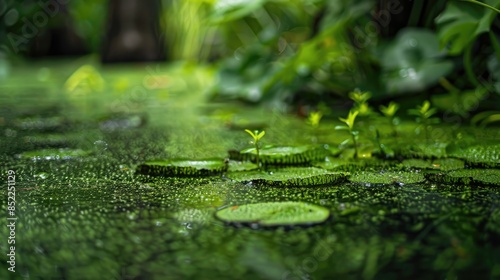 Floating green duckweed and green swamp algae in the pond photo