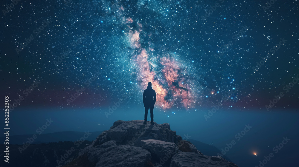 Milky Way arch and man on the mountain peak at starry night. Silhouette of alone guy, blue sky with bright stars in summer. Galaxy. Space background. Landscape with arched milky way. Travel and nature Milky Way arch and man on the mountain peak at starry night. Silhouette of alone guy, blue sky with bright stars in summer. Galaxy. Space background. Landscape with arched milky way. Travel and nature