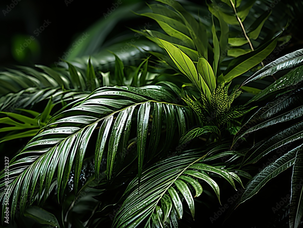 a close up of green leaves on a dark background a close up of green leaves on a dark background