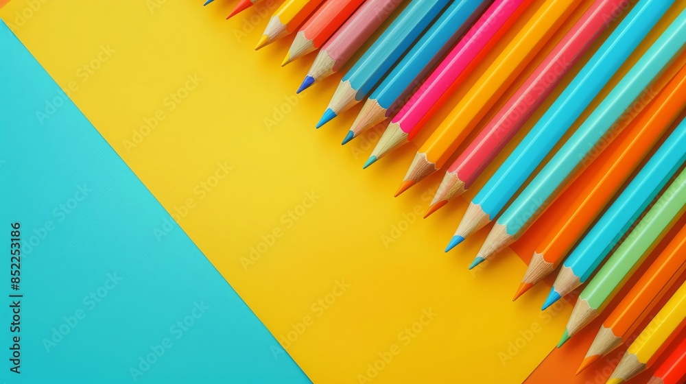 Fototapeta premium A colorful array of sharpened colored pencils arranged neatly on a vibrant yellow and blue background for creative and artistic projects.