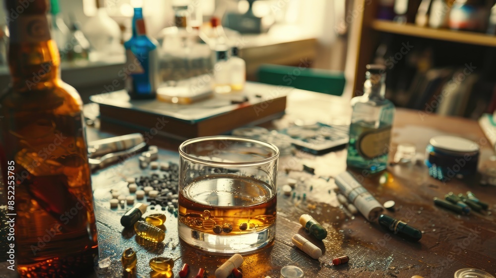 Drugs alcohol and drug paraphernalia on table Drugs alcohol and drug paraphernalia on table