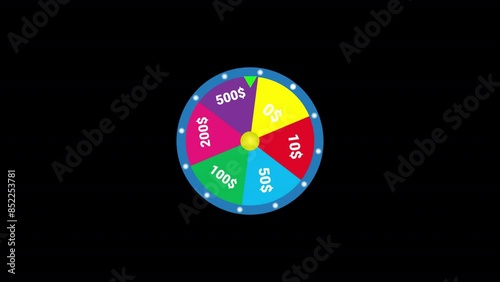 wheel fortune lucky spin wheel animation, Rotating  wheel of luck or fortune on black background.  Won a thousand dollars, lucky spin wheel overplay template. photo