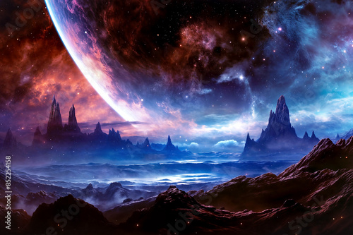幻想的な惑星の地形と星空の壮大な風景