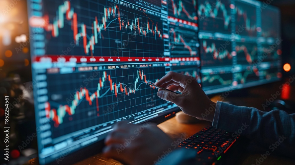 market in the screen, chart analyzing market in the screen, chart analyzing