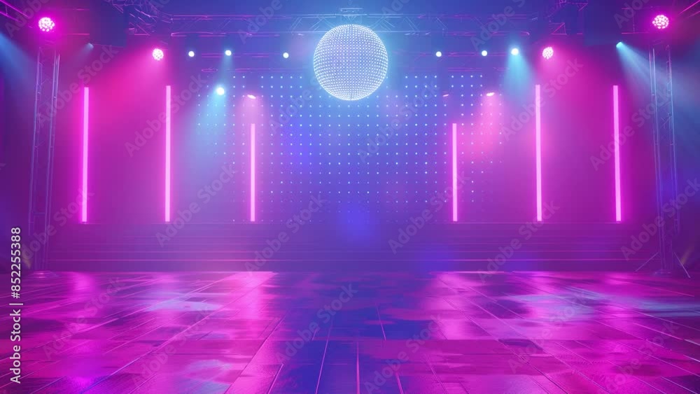 Speaker podium. Podium winner. Podium fashion. Blue spotlights, stage lights, beautiful lighting. Comedy night background template. a blue round podium on a technologic with blue lights. Disco ball