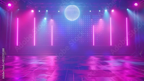 Speaker podium. Podium winner. Podium fashion. Blue spotlights, stage lights, beautiful lighting. Comedy night background template. a blue round podium on a technologic with blue lights. Disco ball