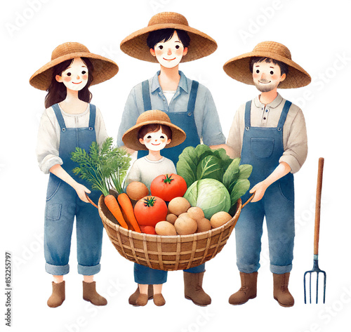 農家の家族と朝採れ野菜　イラスト