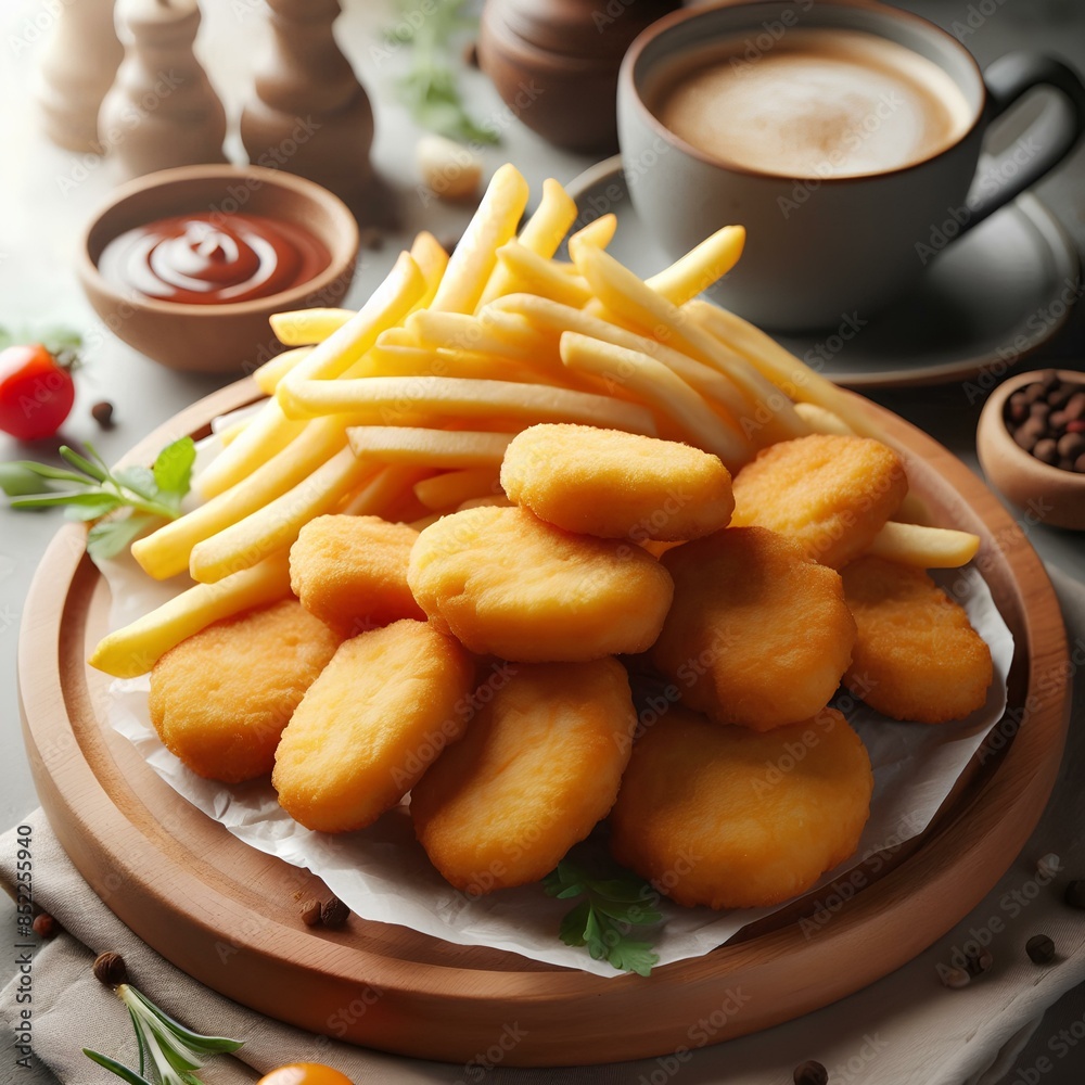 professional food photography, chicken nuggets with fries, soft pastel, lots of copy space. professional food photography, chicken nuggets with fries, soft pastel, lots of copy space.