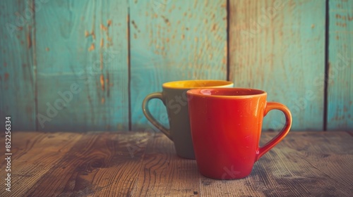 Vintage filter effect enhances colorful coffee cup on wooden background © TheWaterMeloonProjec