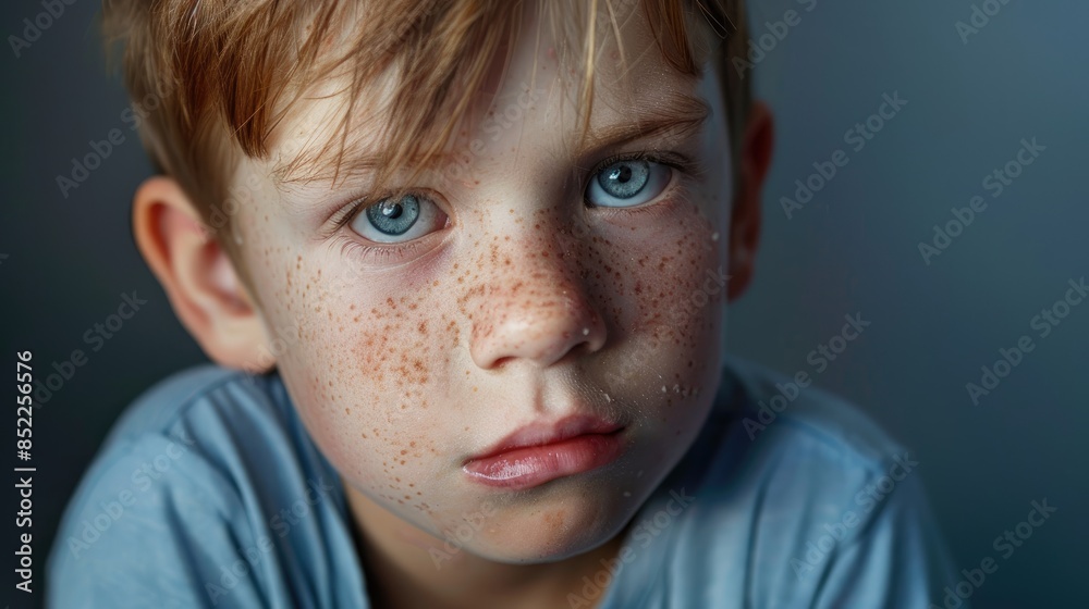 Child with a hemangioma on his cheek displaying a somber expression Impact of medical conditions on children