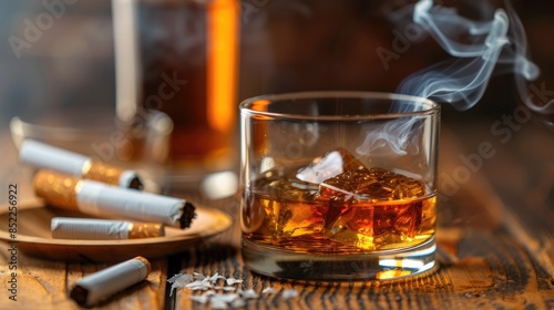 Addiction to Alcohol Glass of Whiskey Cigarettes and Ashtray on Wooden Table