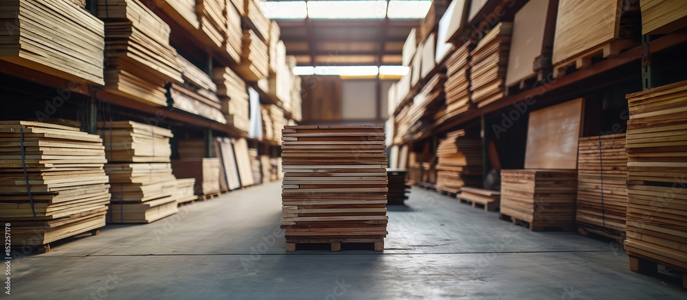 Obraz premium Large Warehouse Filled with Stacks of Wooden Planks in Neat Rows