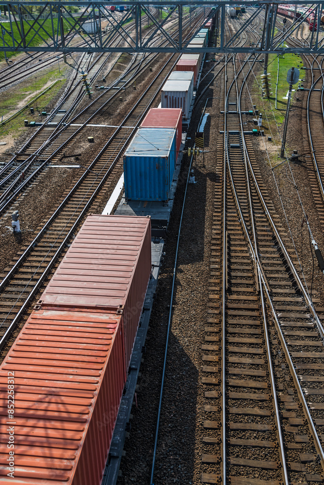 Fototapeta premium Cargo Train With Red And Blue Sea Containers. Drone View