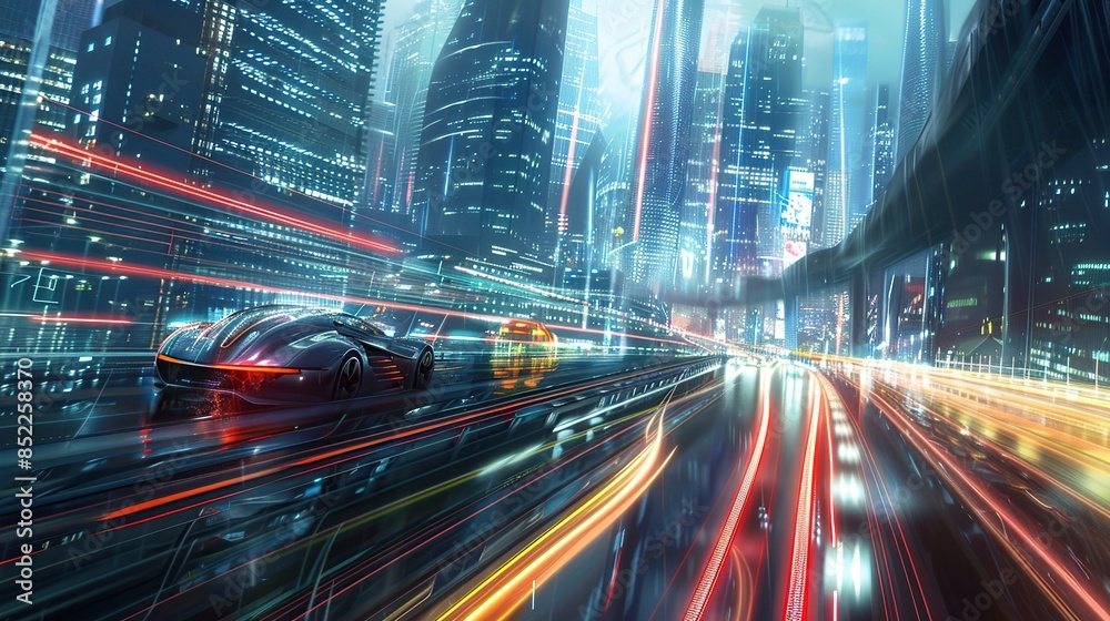Fototapeta premium Highway with high speed vehicles in modern and futuristic smart city. City concept with modern future buildings