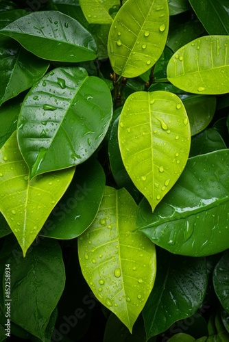a close up of green leaves with water droplets