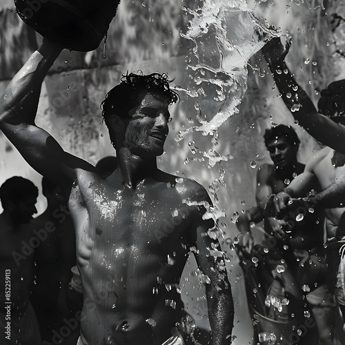 handsome shirtless man splasing water on bucked photo