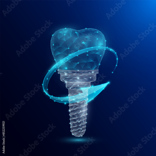 Dental implant human organ anatomy in form style polygon low poly surrounded by arrows glowing on dark blue background. Used for design medical science advertisements. Vector EPS10 illustration.