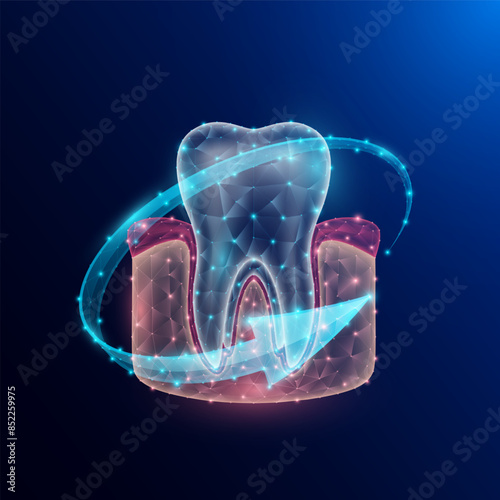Gum tooth human organ anatomy in form style polygon low poly surrounded by arrows glowing on dark blue background. Used for design medical science advertisements. Vector EPS10 illustration.