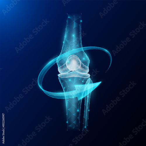 Knee joint bone human organ anatomy in form style polygon low poly surrounded by arrows glowing on dark blue background. Used for design medical science advertisements. Vector EPS10 illustration.