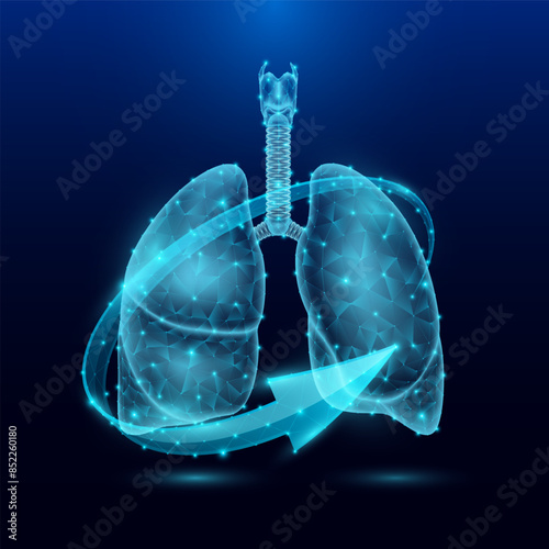 Lung human organ anatomy in form style polygon low poly surrounded by arrows glowing on dark blue background. Used for design medical science advertisements. Vector EPS10 illustration.