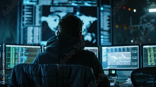 Man is focused on working with a computer in the control room