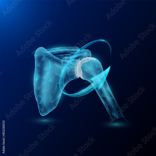 Shoulder joint bone human organ anatomy in form style polygon low poly surrounded by arrows glowing on dark blue background. Used for design medical science advertisements. Vector EPS10 illustration.