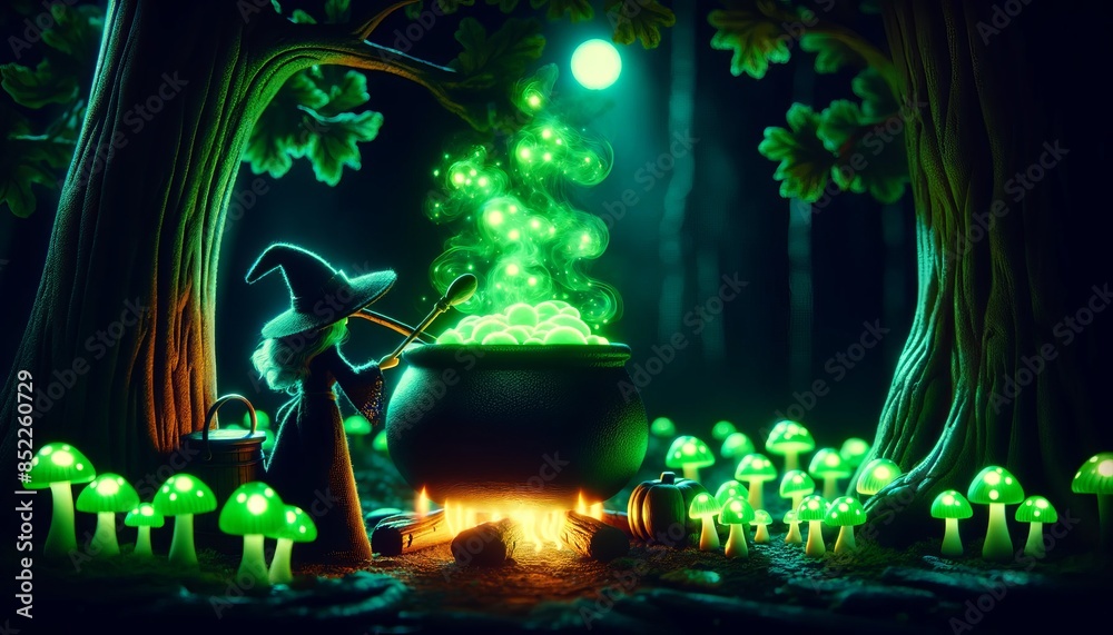 A bubbling cauldron in a dimly lit forest clearing, with a witch ...