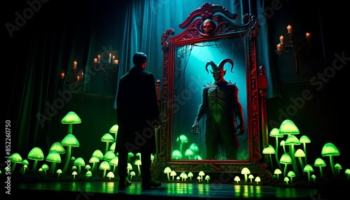 A haunted, antique mirror reflecting a demonic figure instead of the person standing before it.