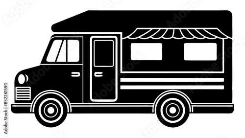 Black Food truck in the white background, serving delicious street food. A food servicing truck in the white background.