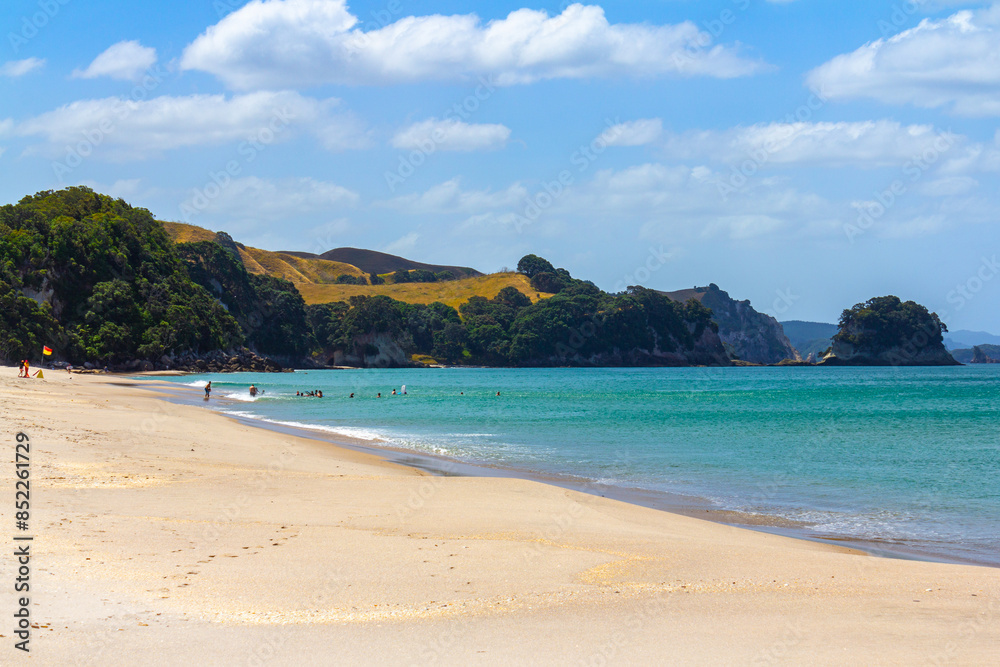 White Sandy Beach, Landscape Scenery Whiritoa Beach at Coromandel Peninsula in the North Island of New Zealand