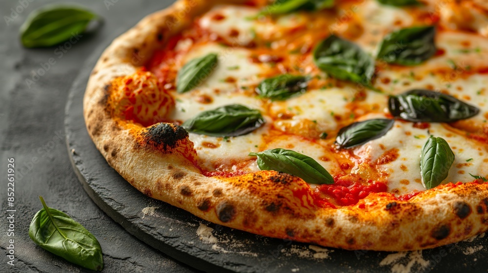 Delicious Margherita Pizza with Fresh Basil on a Dark Rustic Background Delicious Margherita Pizza with Fresh Basil on a Dark Rustic Background