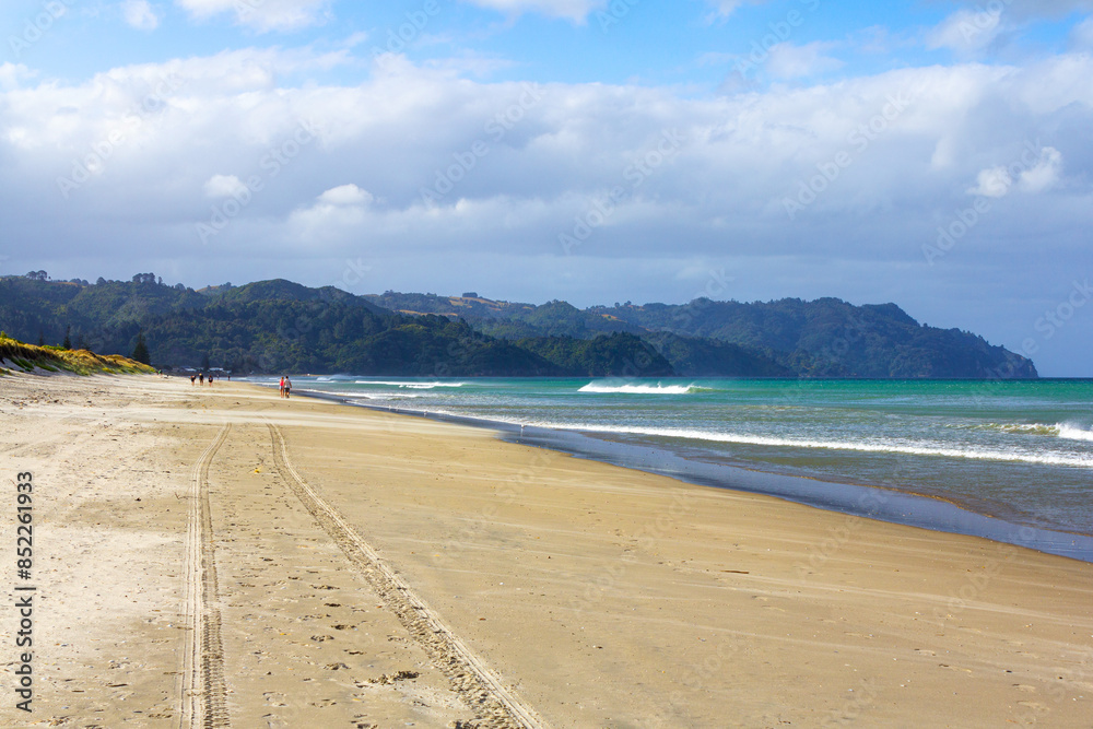 White Sandy Beach, Landscape Scenery Whiritoa Beach at Coromandel Peninsula in the North Island of New Zealand