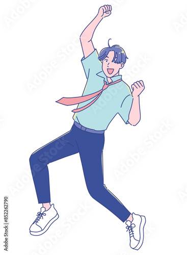 ジャンプして喜ぶアニメ調の男子学生